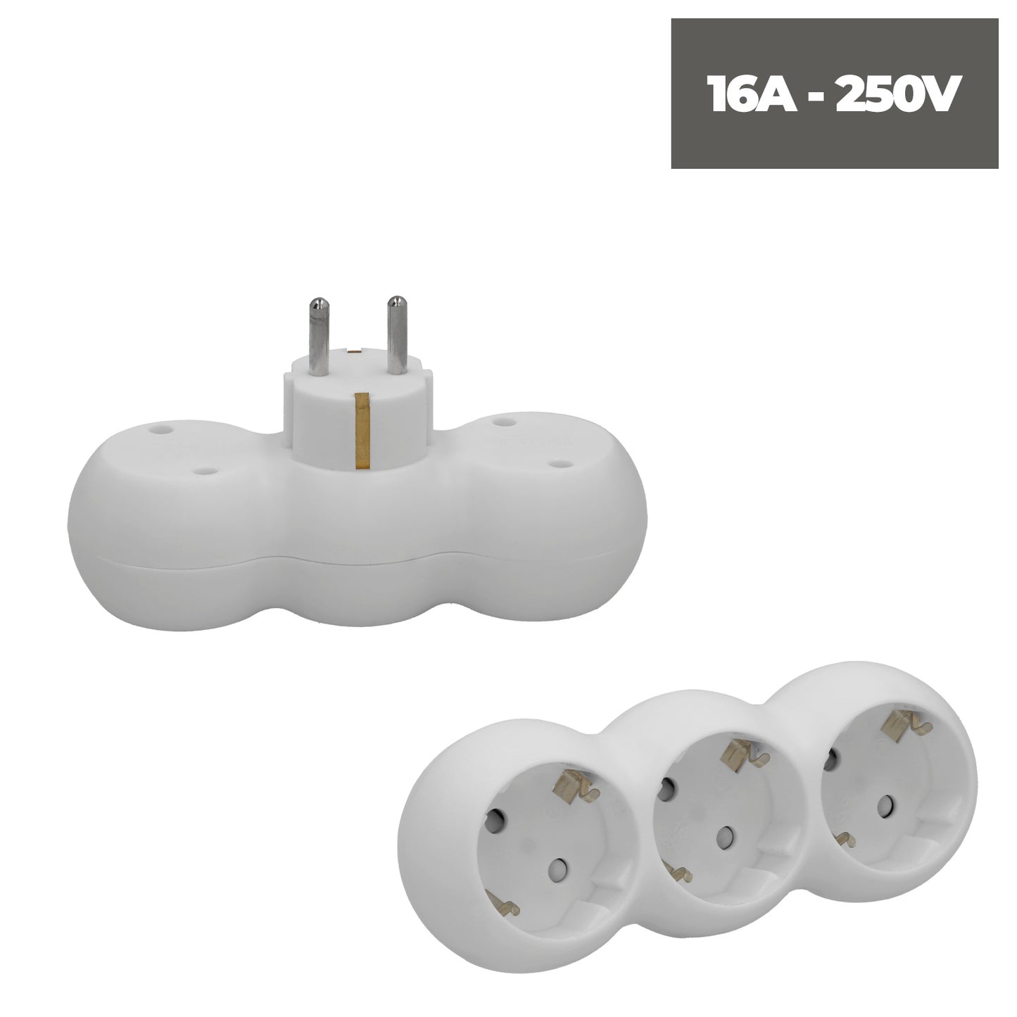 Adaptador Triple Schuko Recto 16A. 250V.