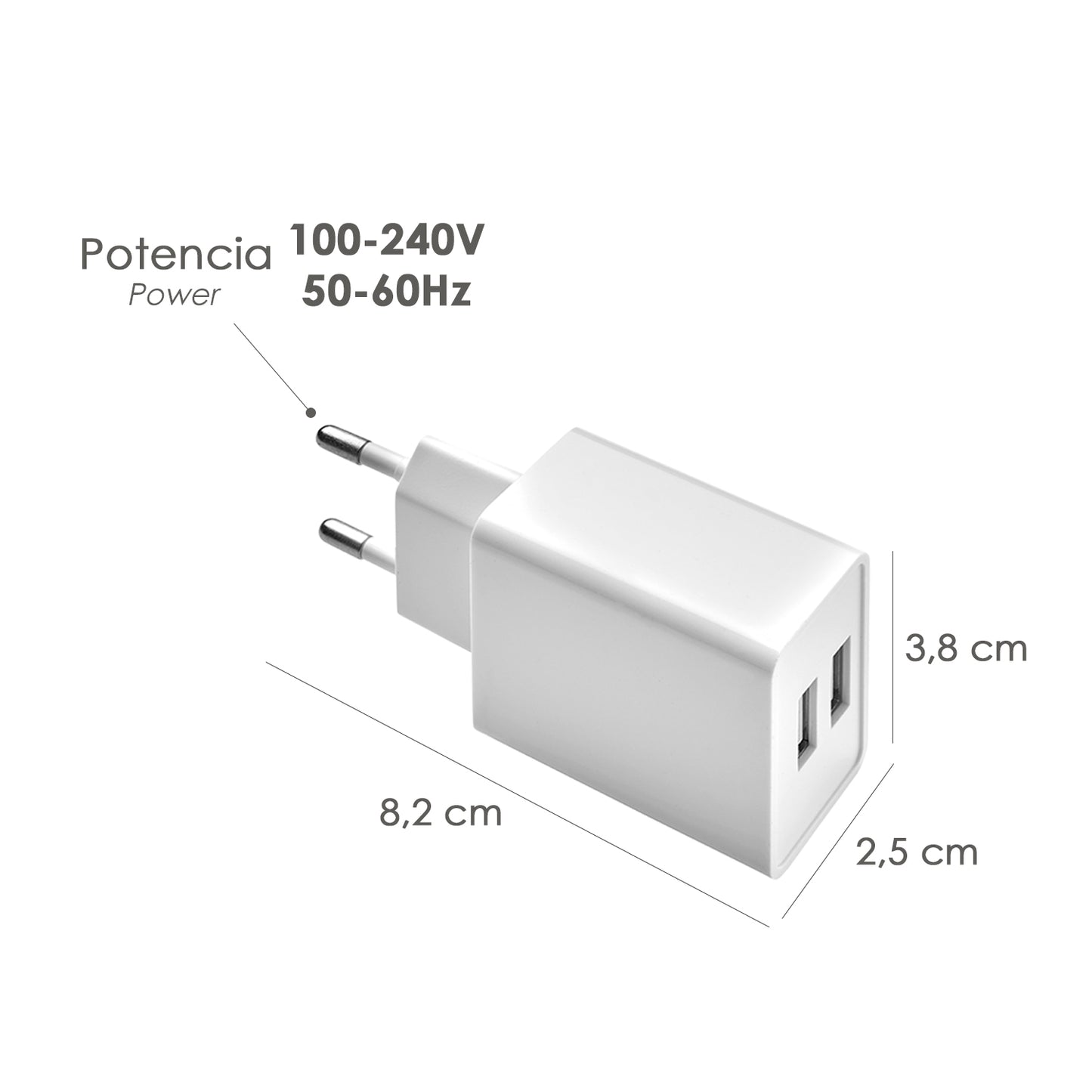 Cargador USB Dos Tomas 2.1 Amperios. 5 V. Adaptador Enchufe USB Cargador USB de Pared, Android, Iphone, Smartphones, Tablets.