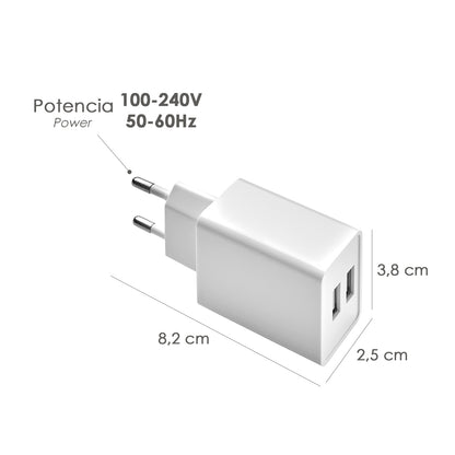 Cargador USB Dos Tomas 2.1 Amperios. 5 V. Adaptador Enchufe USB Cargador USB de Pared, Android, Iphone, Smartphones, Tablets.