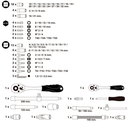 Juego Completo Llaves Vaso, kit 94 Piezas, 1/4"-1/2", Acero Vanadio, Con Maletin