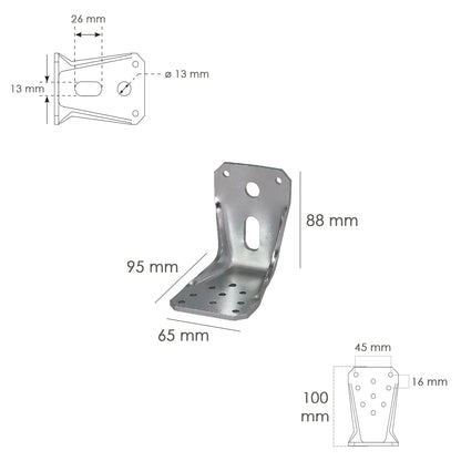 Suporte Para Madeira Com Cantoneira Reforçada 65x88x95 mm. Conector Angular, Suporte de Fixação, Sapata de Madeira, Suporte de Pergolado de Madeira