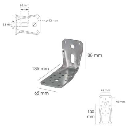 Suporte Para Madeira Com Cantoneira Reforçada 65x88x135 mm. Conector Angular, Suporte de Fixação, Sapata de Madeira Suporte de Pergolado de Madeira