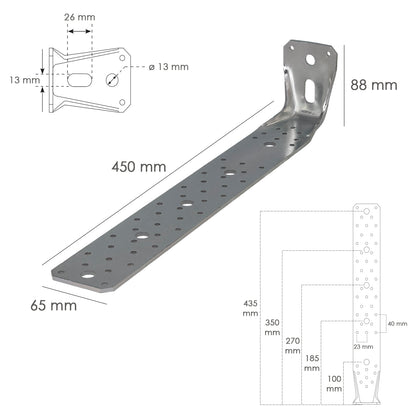 Suporte Madeira Com Cantoneira Reforçada 65x88x450 mm. Conector Angular, Suporte de Fixação, Sapata de Madeira Suporte de Pergolado de Madeira