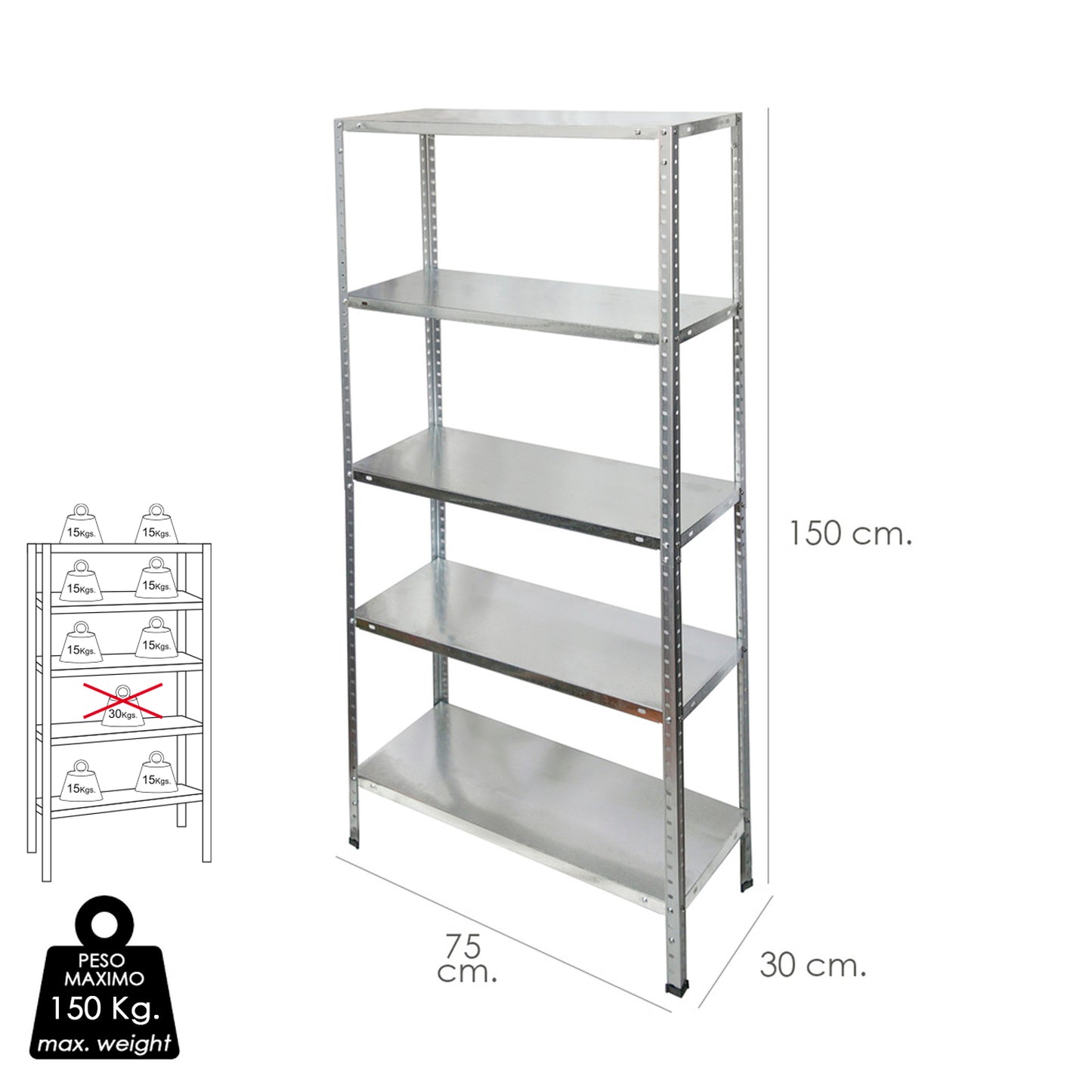 Estanteria Acero Galvanizado con 5 Baldas 150x75x30 cm. Baldas ajustables. Peso maximo 150 Kg.