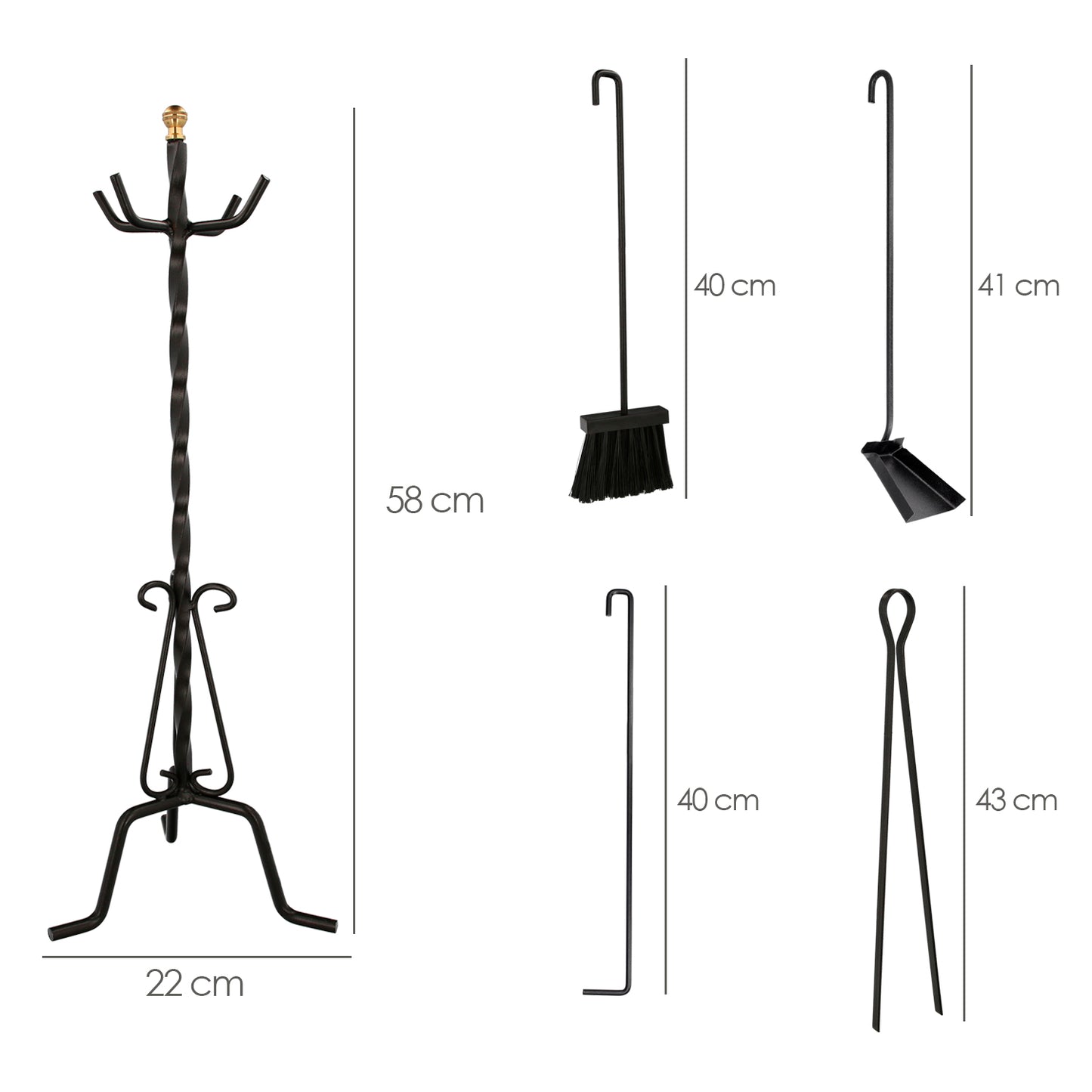 Jogo de Poker Forjado 5 Peças 22x58 (Alt.) cm. Suporte, Pincel, Pá, Poker e Pinça. Ferro forjado