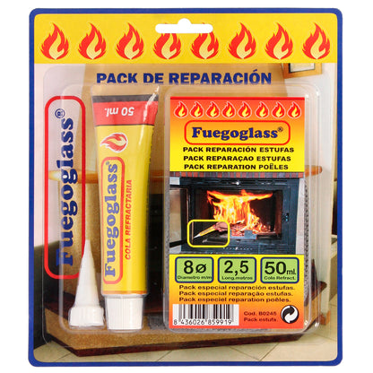 Kit Reparacion Estufas/Chimeneas, Cola Refractaria y Cordon Fibra Vidrio 8 mm. x 2,5 m.