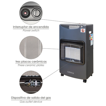 Estufa Gas Infrarroja Ceramica 4,5 Kw. 3 Potencias, Triple Sistema de Seguridad, Con Ruedas, Encendido Piezo-Electrico