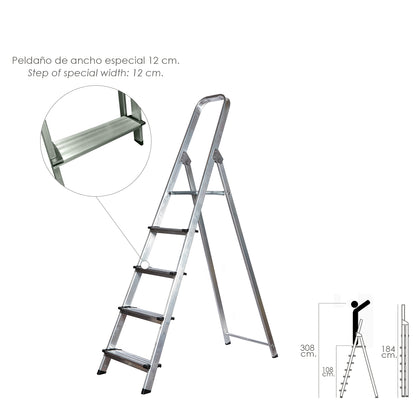 Escalera Doméstica Aluminio Profesional 5 Peldaños 12 cm Grosor.