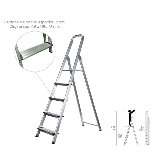 Escalera Doméstica Aluminio Profesional 5 Peldaños 12 cm Grosor.