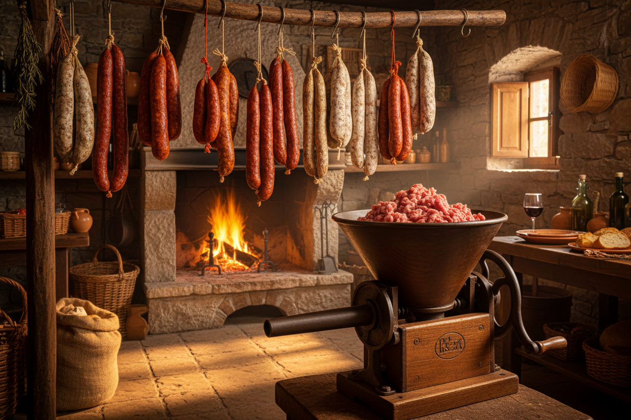 Máquina de elaborar embutido tradicional en una sala hogareña donde hay chorizos, salchichón y otros embutidos colgados y al fondo una chimenea.