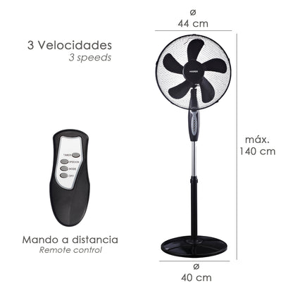 Ventilador de Pé Ø 40 Cm 45 Watt. 3 velocidades 5 lâminas de tamanho grande, 3 velocidades, com temporizador.