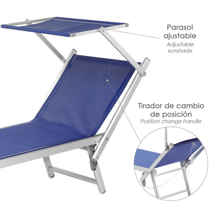 Tumbona Jardín Aluminio Cama Con Parasol Color Azul 181x64 x 57/78 (Alt.) cm. Estructura tubular de 43x42 mm.