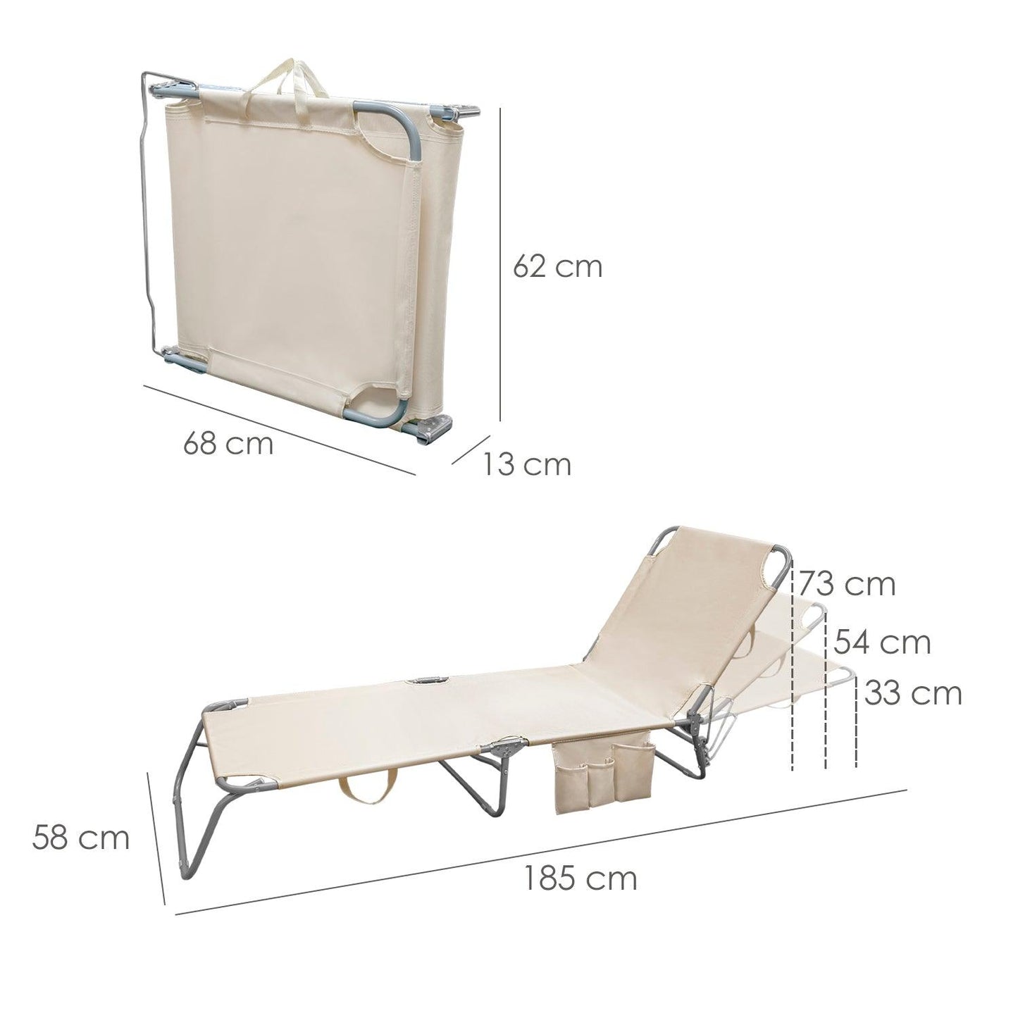 Tumbona Playa Plegable, Estilo Cama. Color Beige, Estructura Acero Pintado, Tumbona Jardín, Tumbona Piscina, 3 Posiciones - El Brico Hogar