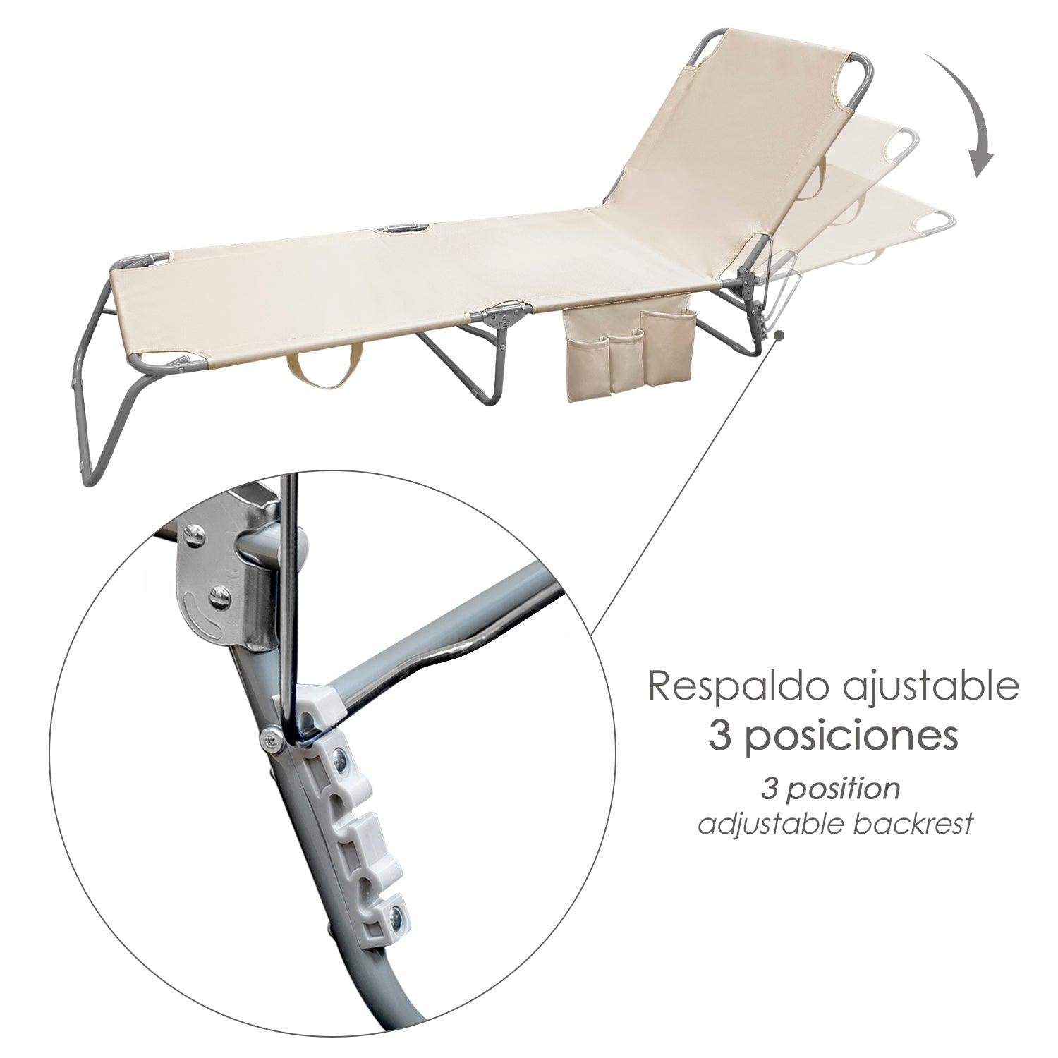 Tumbona Playa Plegable, Estilo Cama. Color Beige, Estructura Acero Pintado, Tumbona Jardín, Tumbona Piscina, 3 Posiciones - El Brico Hogar