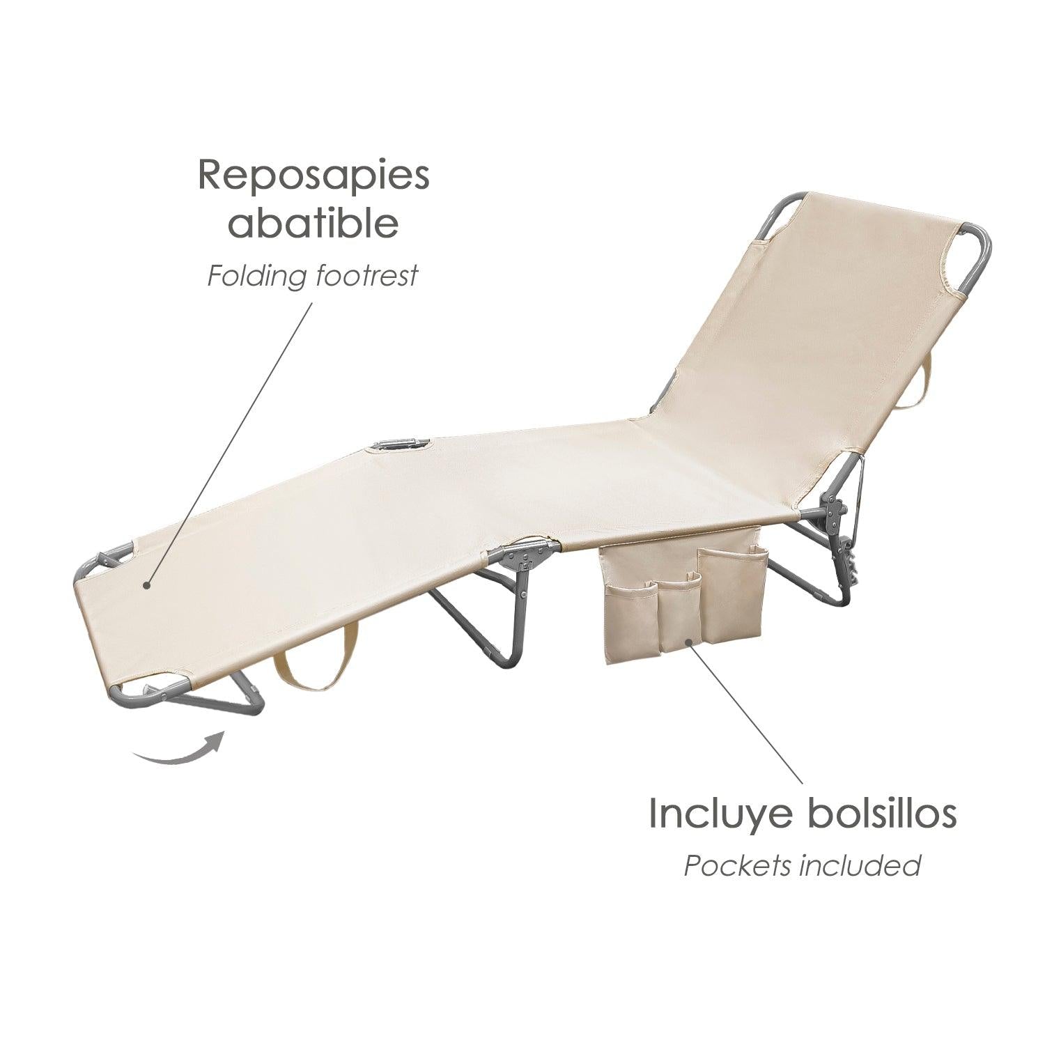 Tumbona Playa Plegable, Estilo Cama. Color Beige, Estructura Acero Pintado, Tumbona Jardín, Tumbona Piscina, 3 Posiciones - El Brico Hogar