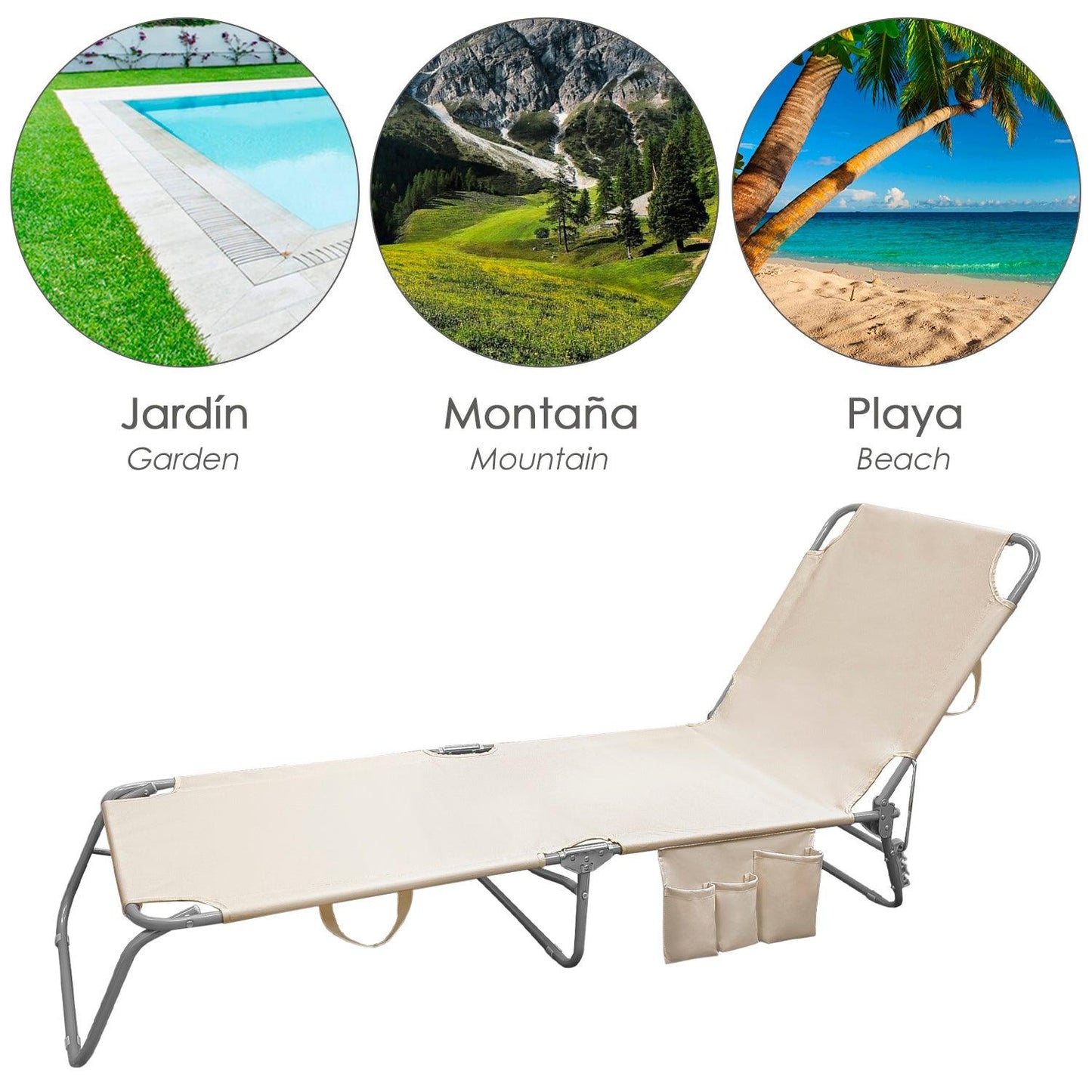 Tumbona Playa Plegable, Estilo Cama. Color Beige, Estructura Acero Pintado, Tumbona Jardín, Tumbona Piscina, 3 Posiciones - El Brico Hogar