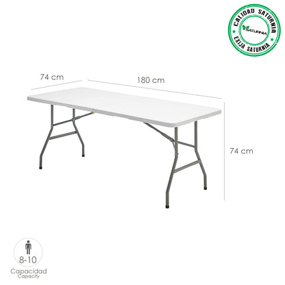 Mesa Plegable Rectangular HDPE Multifuncional, Portatil, Resistente,Multiusos 180x74x74 cm. Color Blanco