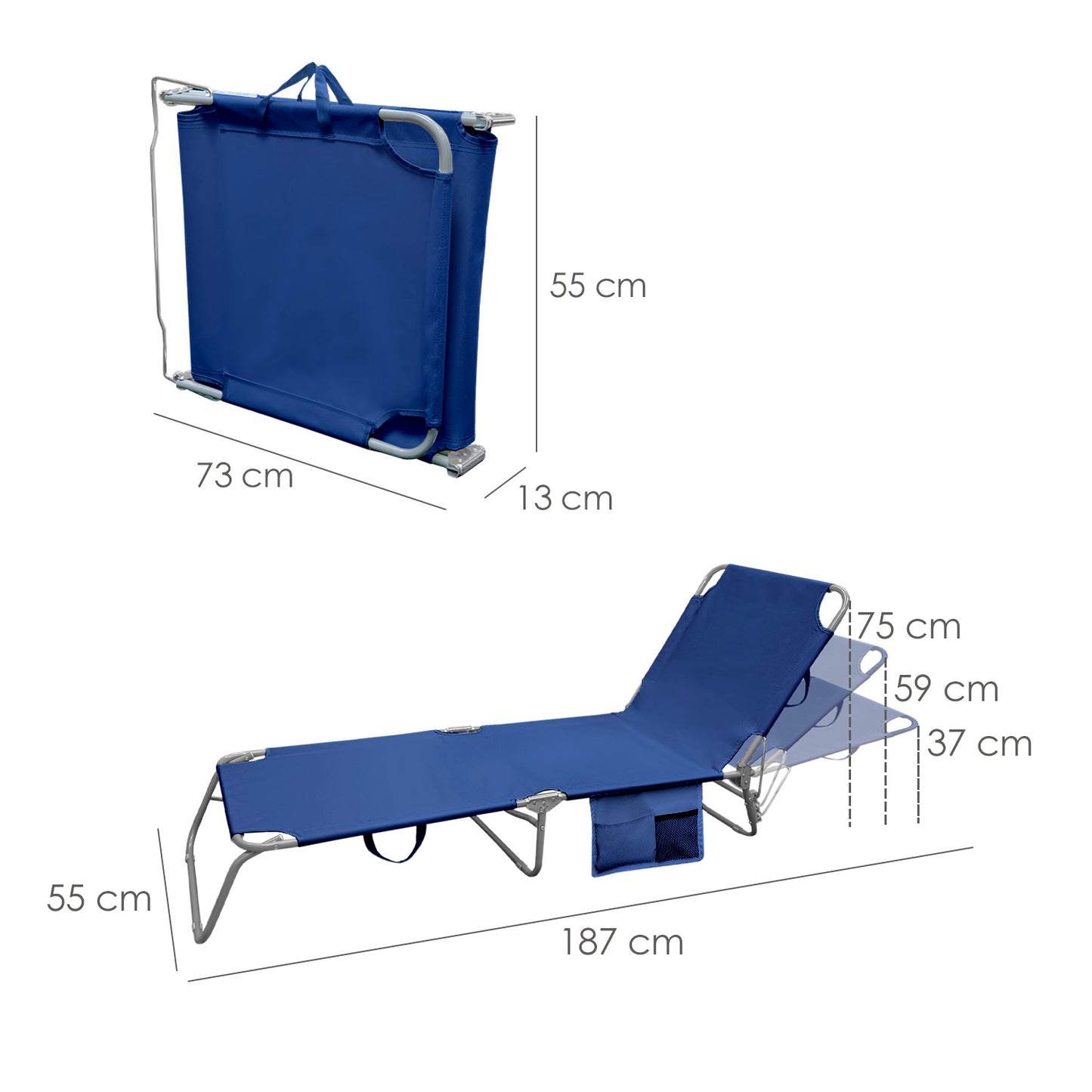 Cama Espreguiçadeira de Praia em Aço Com bolsos. Cor Azul, Reclinável 3 posições, Espreguiçadeira de jardim, Espreguiçadeira de piscina.
