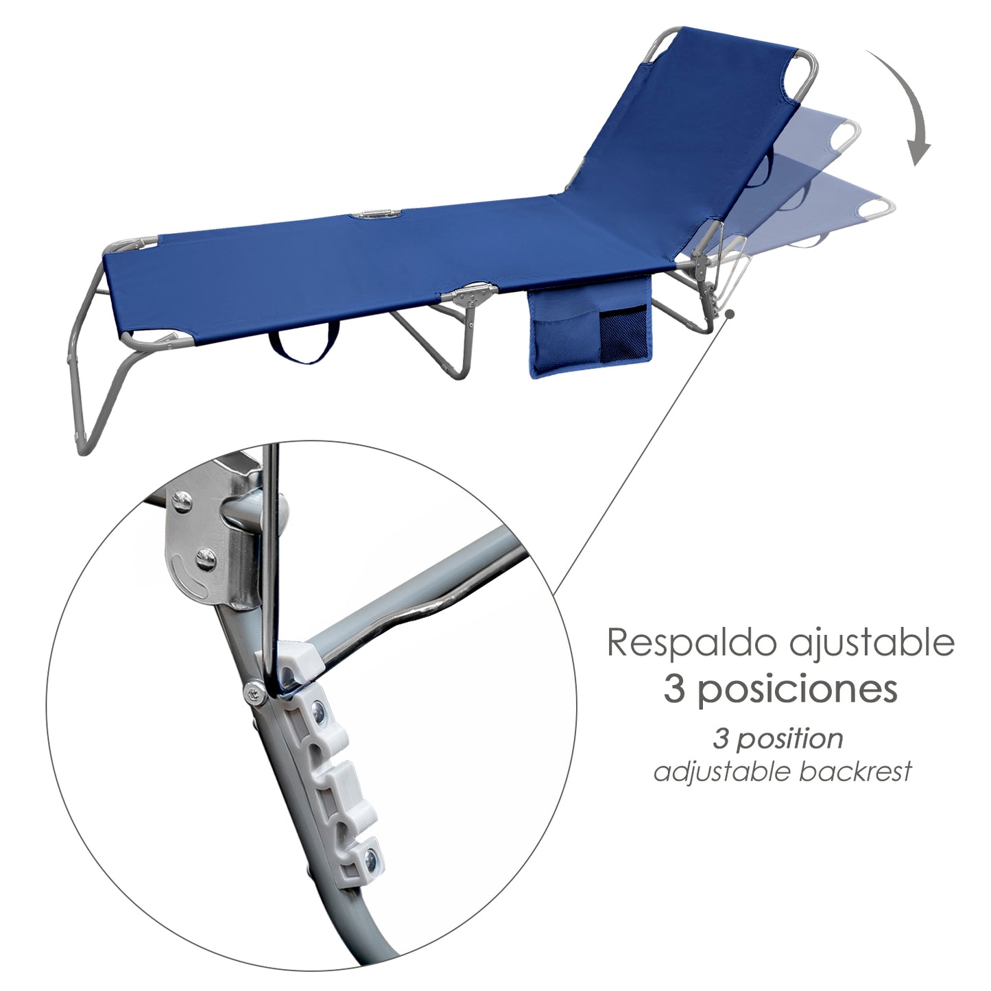 Cama Espreguiçadeira de Praia em Aço Com bolsos. Cor Azul, Reclinável 3 posições, Espreguiçadeira de jardim, Espreguiçadeira de piscina.