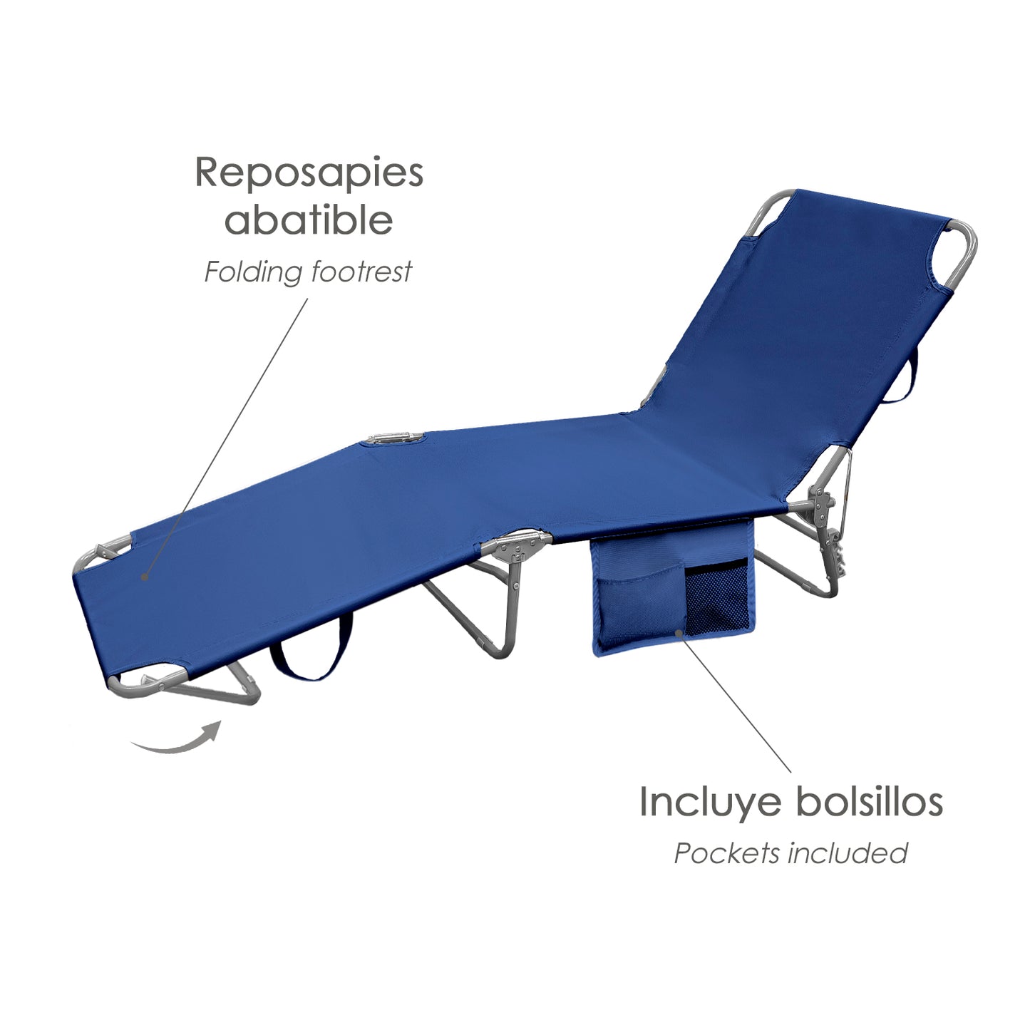 Cama Espreguiçadeira de Praia em Aço Com bolsos. Cor Azul, Reclinável 3 posições, Espreguiçadeira de jardim, Espreguiçadeira de piscina.