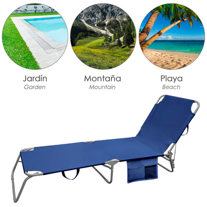 Cama Espreguiçadeira de Praia em Aço Com bolsos. Cor Azul, Reclinável 3 posições, Espreguiçadeira de jardim, Espreguiçadeira de piscina.