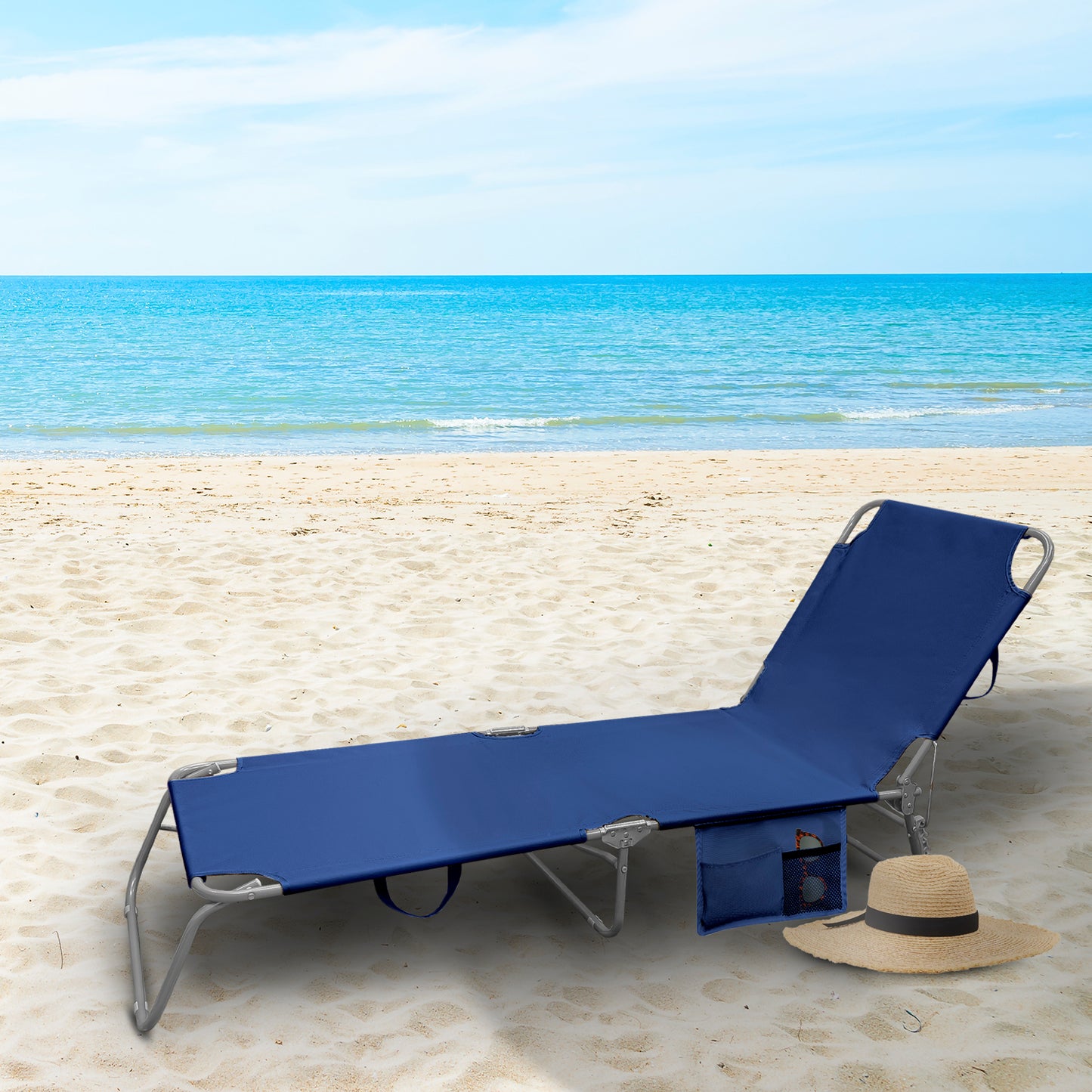 Cama Espreguiçadeira de Praia em Aço Com bolsos. Cor Azul, Reclinável 3 posições, Espreguiçadeira de jardim, Espreguiçadeira de piscina.