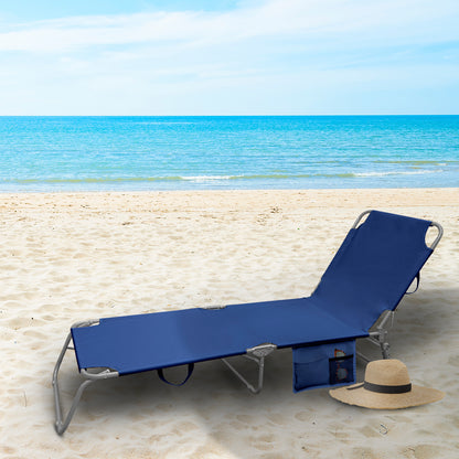 Cama Espreguiçadeira de Praia em Aço Com bolsos. Cor Azul, Reclinável 3 posições, Espreguiçadeira de jardim, Espreguiçadeira de piscina.
