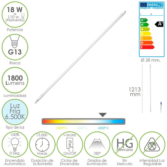 Tubo Led Recto T8 / G13 - 18 W. 1800 Lumen 6.500º K Ø 28 mm. Longitud 120 cm. - El Brico Hogar
