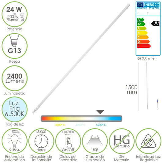 Tubo Led Recto T8 / G13 - 24 W. 2400 Lumen 6.500º K Ø 28 mm. Longitud 150 cm. - El Brico Hogar